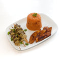 4 Mini brochettes de bœuf(halal) + Frites de Banane-plantains murs+ riz gras